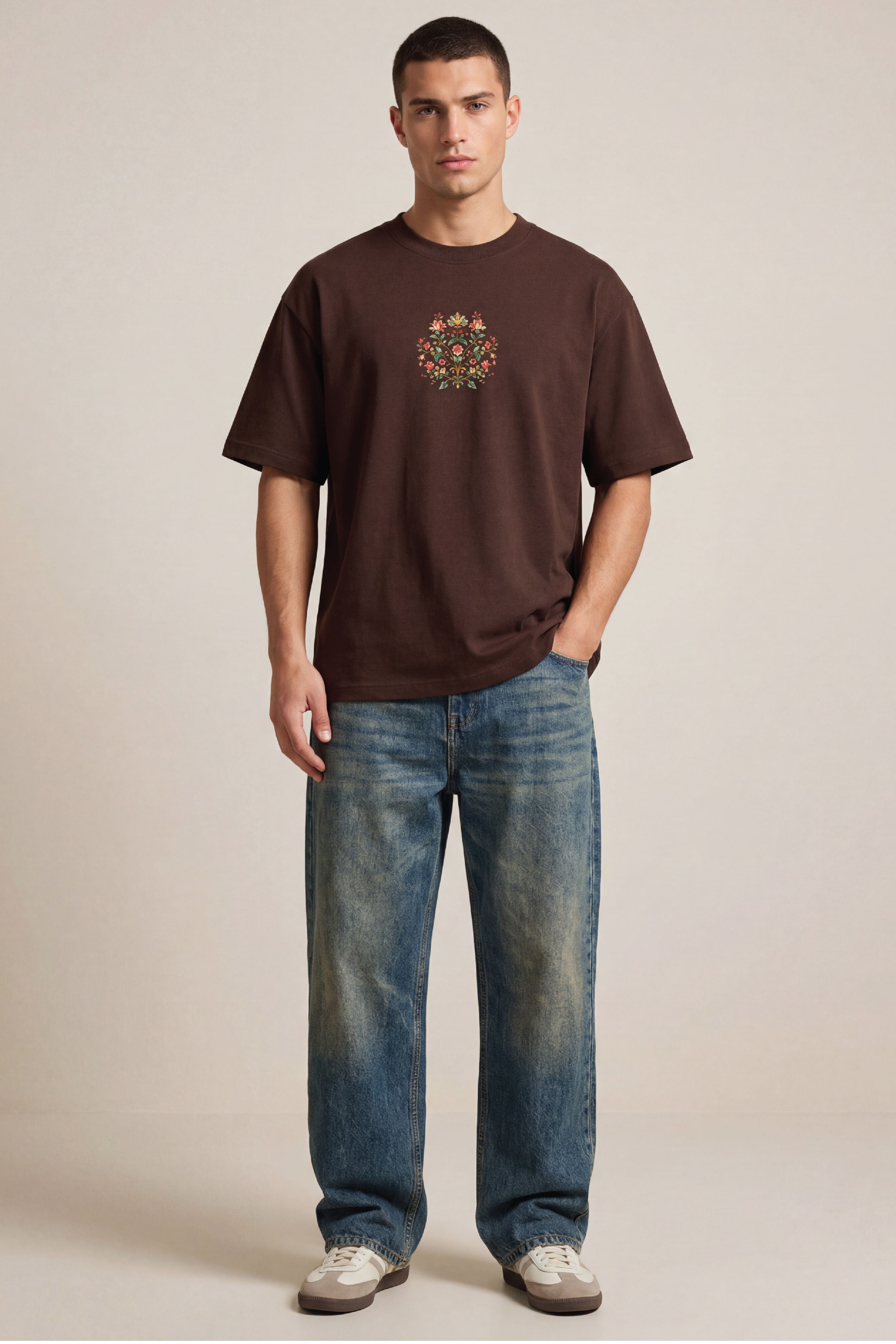 Gul Bloom Heritage Coffee Brown Oversized T-Shirt 240 GSM