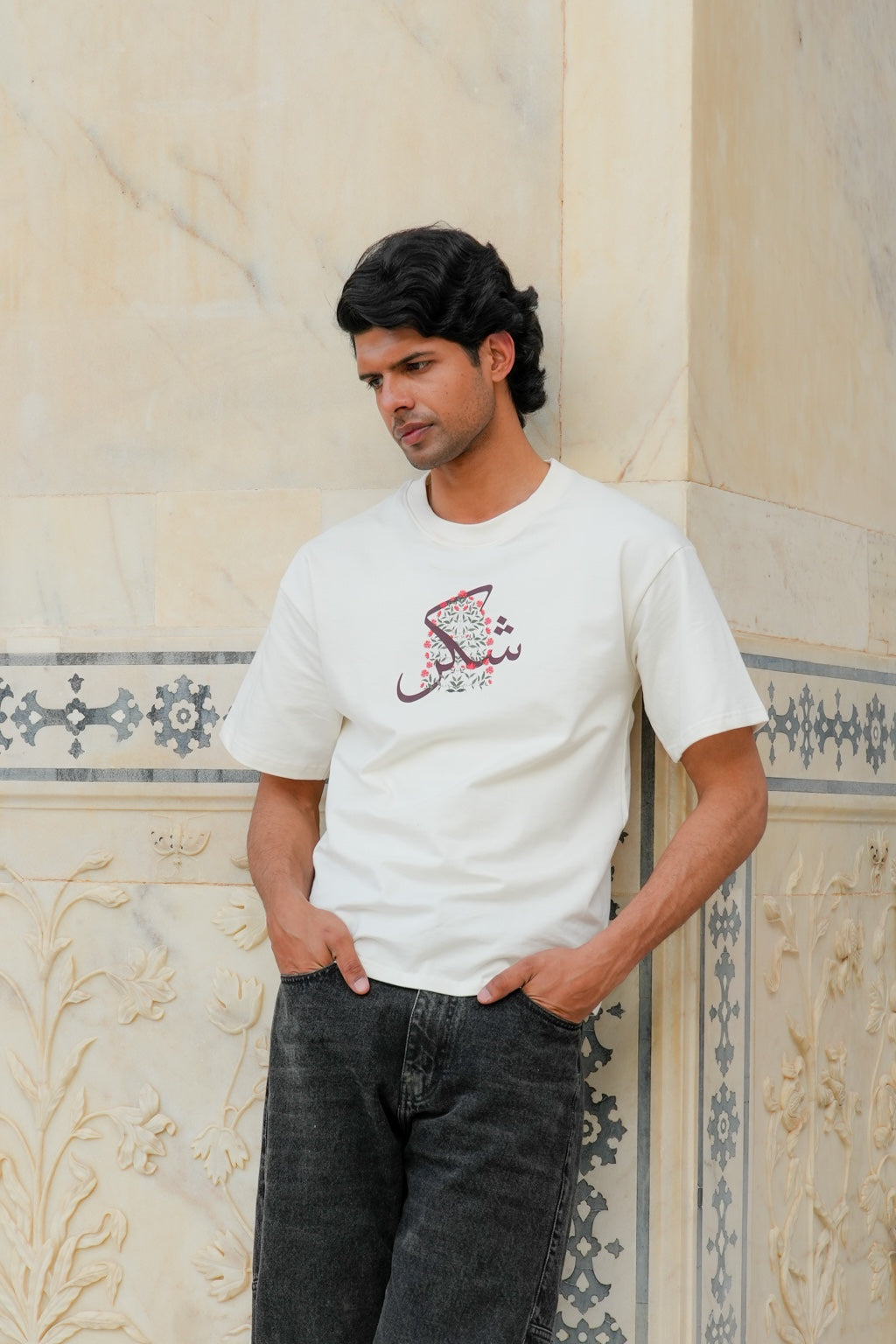 Shukr Mughal Floral Design  Oversized Off-White T-Shirt 240 GSM