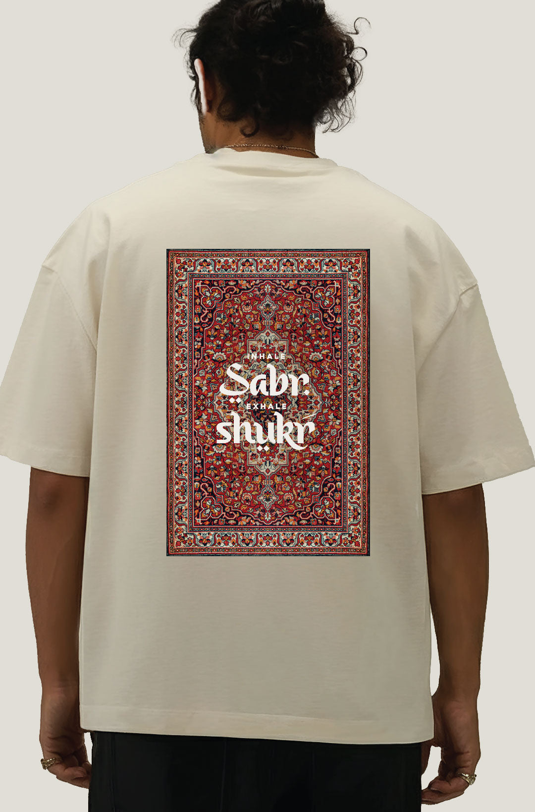 Inhale Sabr Exhale Shukr Carpet Design Oversized Off-White T-Shirt 240 GSM