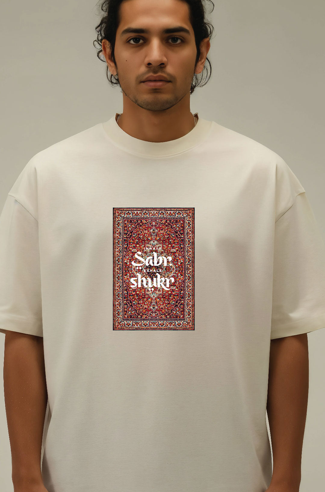 Inhale Sabr Exhale Shukr Carpet Design Oversized Off-White T-Shirt 240 GSM