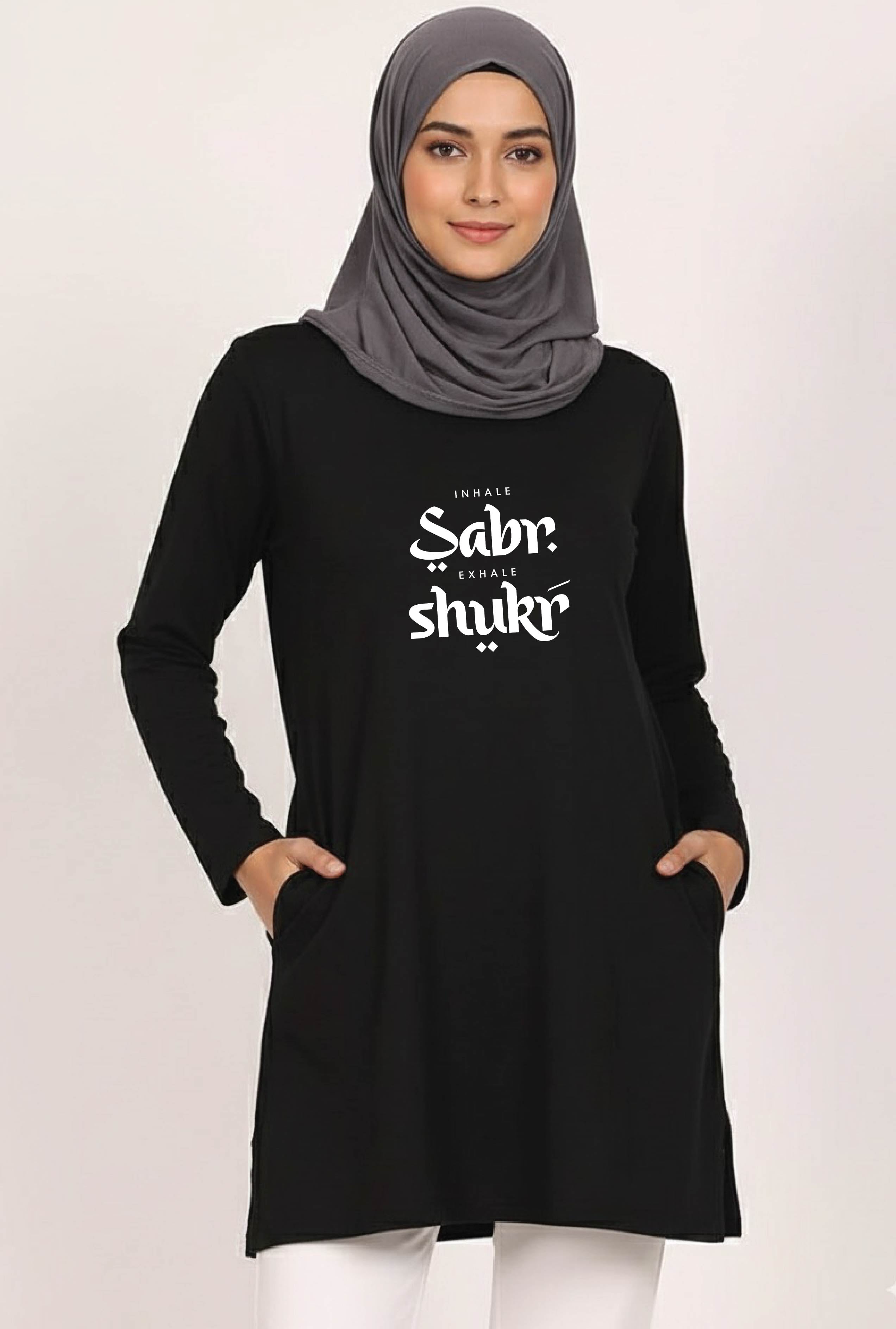 Inhale Sabr Exhale Shukr Urdu Women’s Long Tee – 100% Cotton