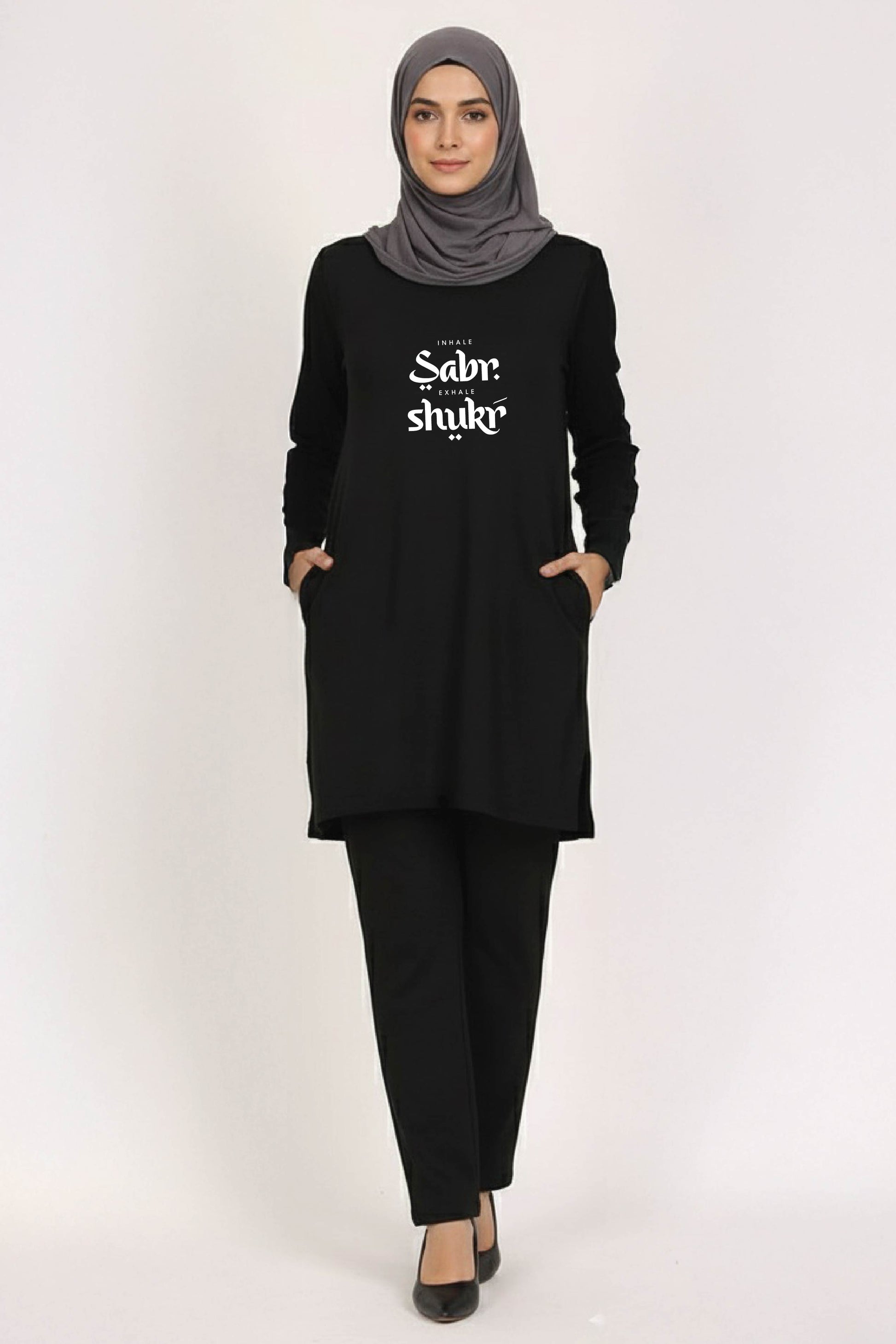 Inhale Sabr Exhale Shukr Urdu Women’s Long Tee – 100% Cotton